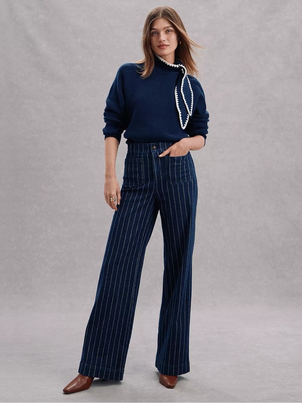 LOFT Palmer Wide Leg Jeans | Blue/White Pinstripe - Picture 11 of 12